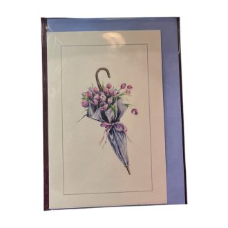 Vintage képeslap - Tulipáncsokor esernyővázában